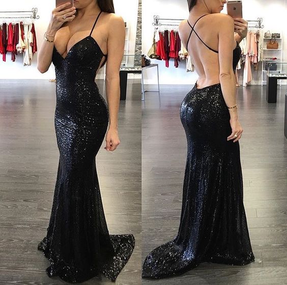 Spaghetti Strap Black Long Evening dresses S1572