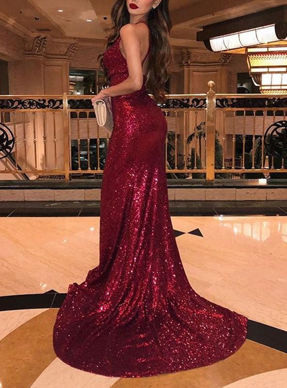 Mermaid V Neck Ruffle Backless Side Split Sleeveless Red Sequined Prom Dress S1568
