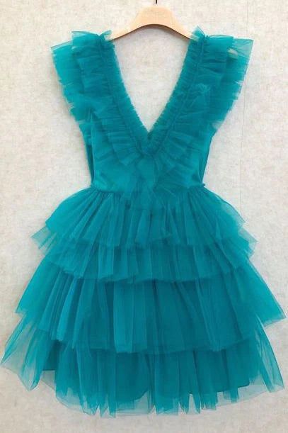 Plunging A line V Neck Tiered Tulle Black Mini Puffy Prom Dresses, Homecoming Dress S1624