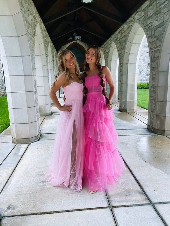 Hot Pink Tulle Spaghetti Straps Prom Dress, Floor Length Tulle Formal Dress S864
