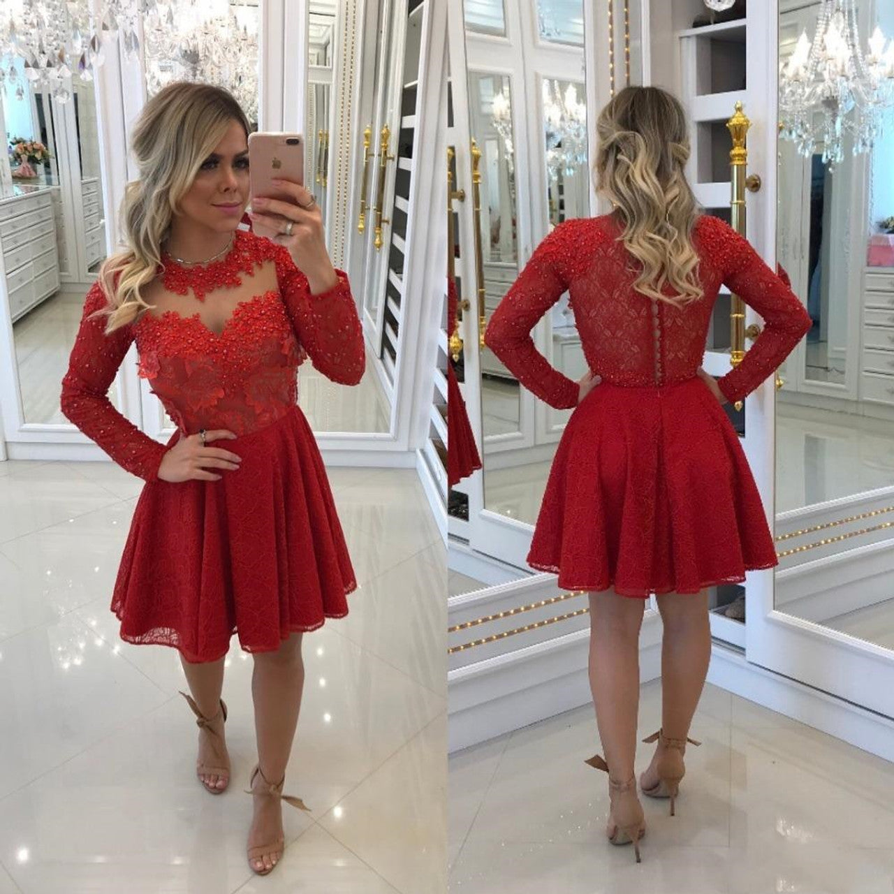 Red Beads Long Sleeve Homecoming Dresses S1930
