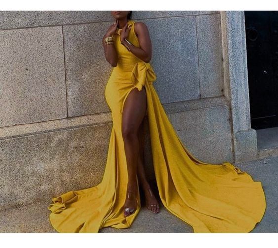 Long Yellow Prom dress with leg split, Evening dresses,wedding reception dress,african prom dress S927