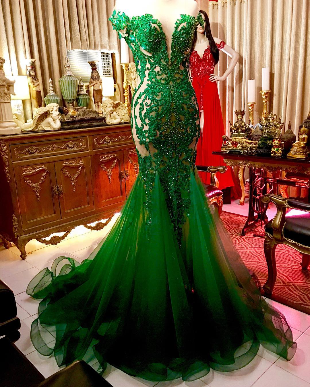 Illusion Back Green Mermaid Prom Dress with Beading S2139