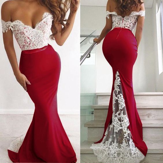 2022 Sexy Prom Dresses Red Off Shoulder Lace Sweetheart White S798