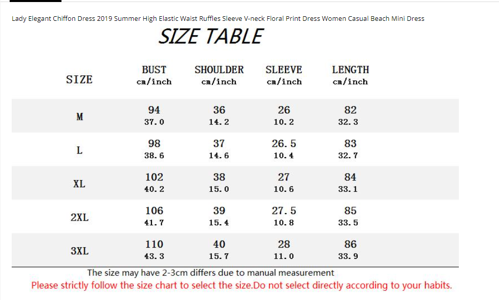 Lady Elegant Chiffon Dress Summer High Elastic Waist Ruffles Sleeve V-neck S552