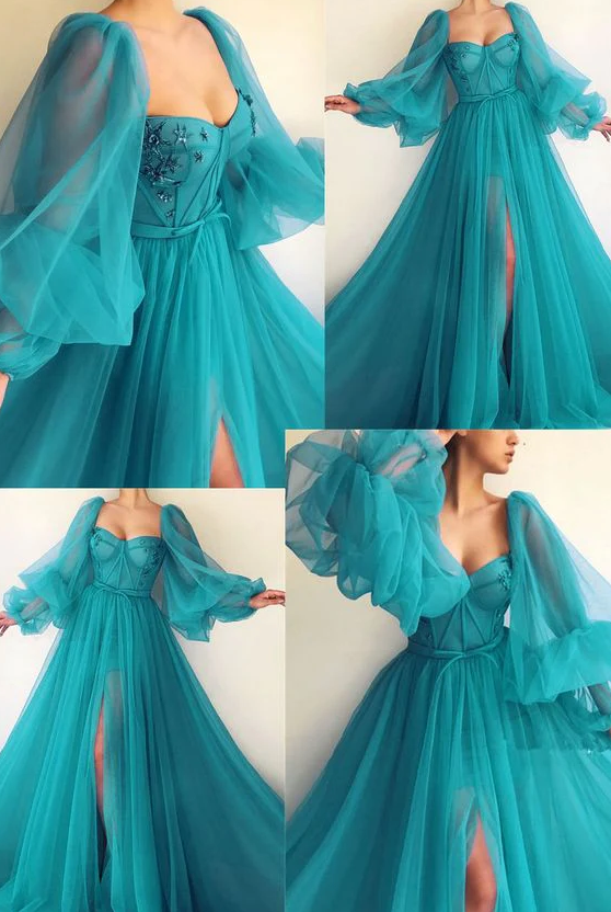 Puff Sleeve Prom Dresses Side Slit A Line Evening Gowns S768