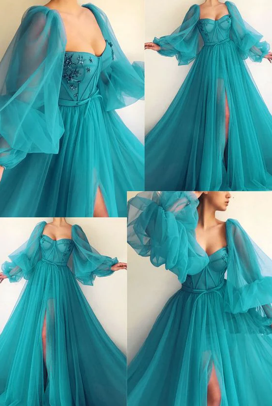 Puff Sleeve Prom Dresses Side Slit A Line Evening Gowns    S768