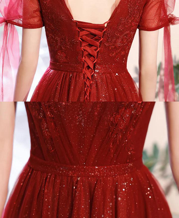 Burgundy V Neck Tulle Lace Long Prom Dress Burgundy Formal Dress S2279