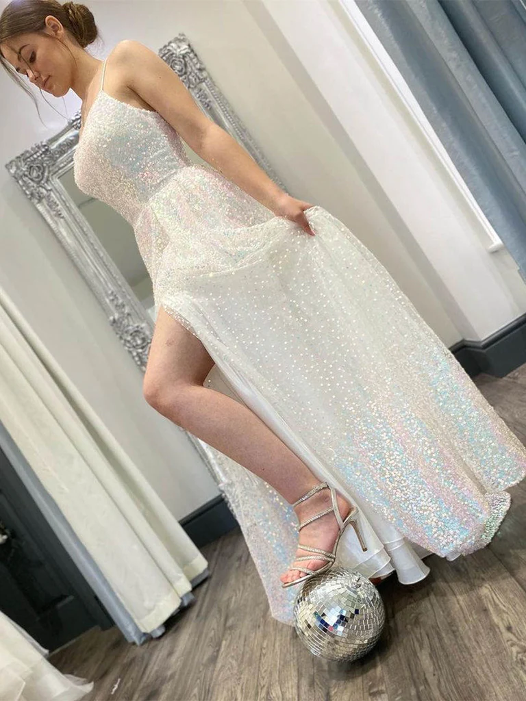 Shiny Sequins Open Back Ivory Long Prom Dresses, Sparkly Ivory Formal Graduation Evening Dresses S1092