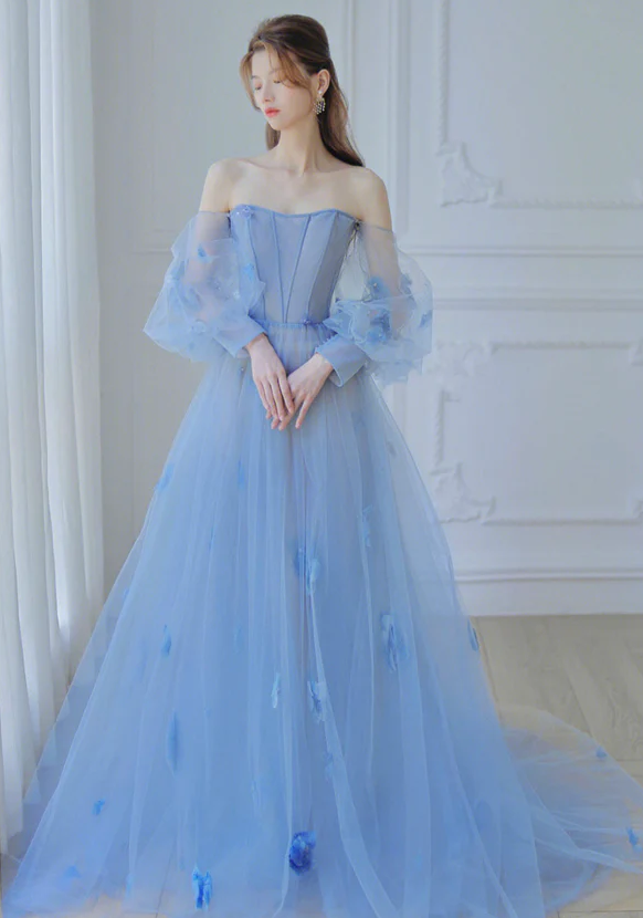Blue tulle long prom dress A-line evening dress S839