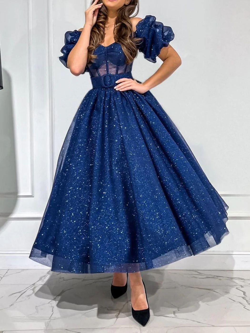 Dark blue tulle tea length prom dress, blue formal dress S2368