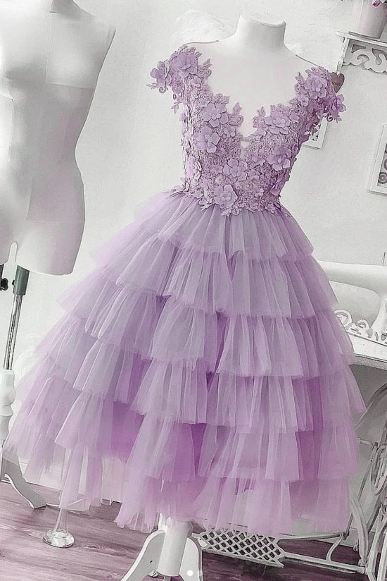 Lavener Layers Tulle with Lace Short Party Dress, Cute Formal Dress S1036