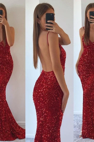 MERMAID V-NECK SPAGHETTI STRAP SEQUINED FLOOR-LENGTH SLEEVELESS PROM DRESS S1813