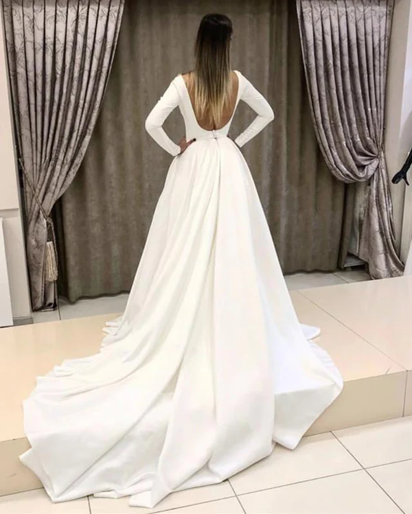 2023 Classic A Line Long Sleeves Satin Backless Long Wedding Dresses S1937