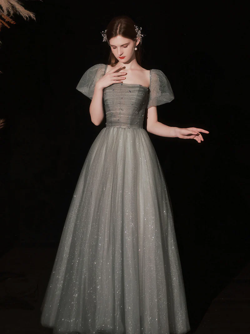 A LINE GRAY LONG PROM DRESS, GRAY TULLE SEQUIN GRADUATION DRESSES S1353