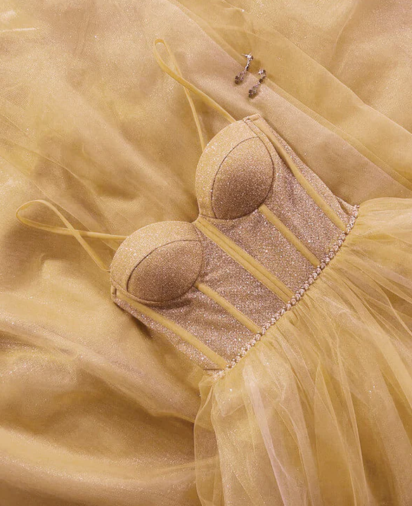 Champagne Sparkly Sweetheart Corset Tulle Dress S874