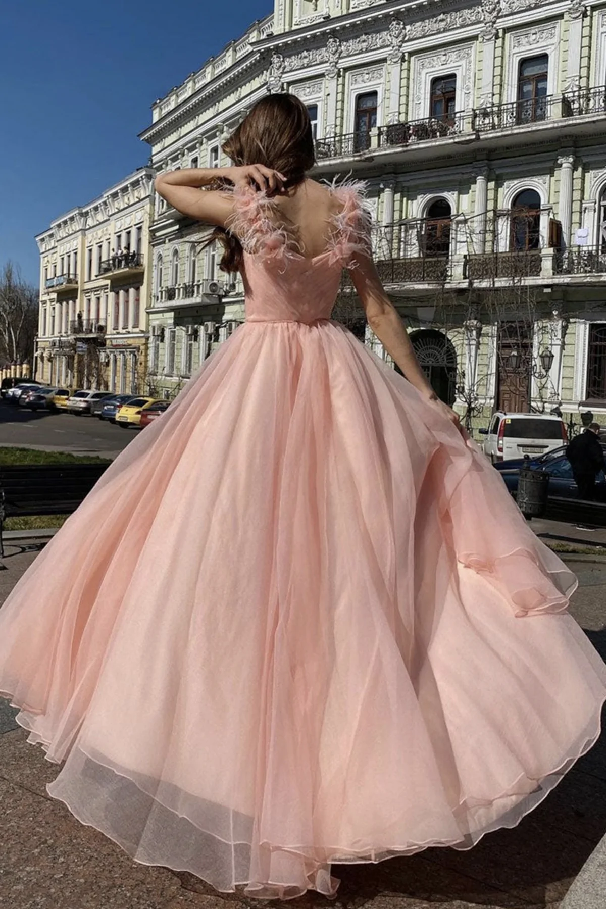 Elegant V Neck Pink Tulle Long Prom Dresses with High Slit, Pink Tulle Formal Graduation Evening Dresses S2103