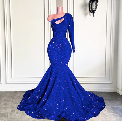 royal blue sparkly prom dresses long sleeve one shoulder mermaid cheap formal party dresses S915