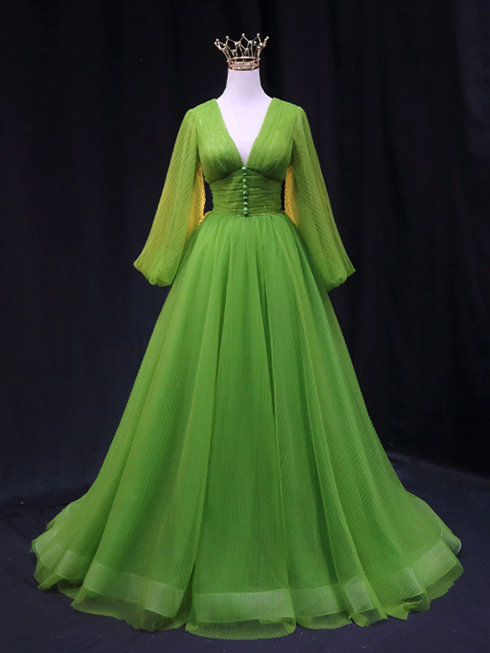 Green A Line Long Prom Dresses, V Neck Green Tulle Long Formal Evening Dresses S1770