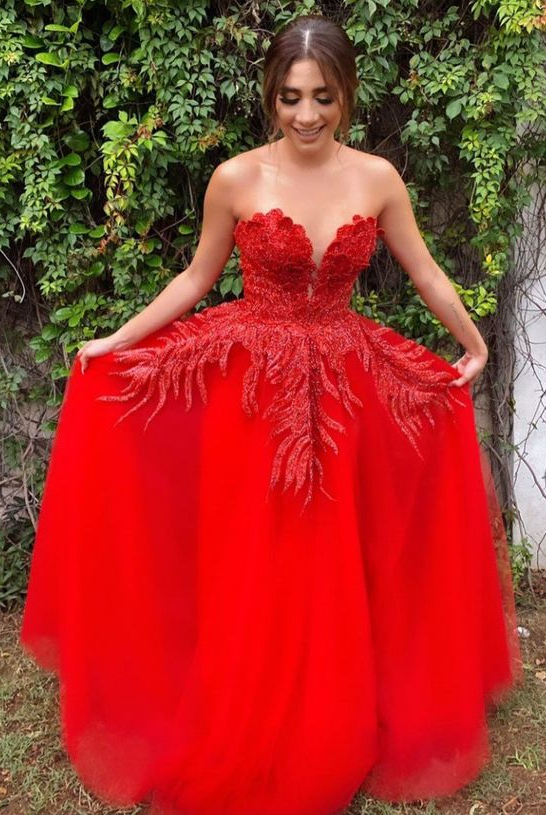 Sweetheart Red Lace and Tulle Long Prom Dresses Formal Evening Dresses S2209
