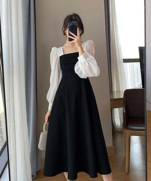 French Contrast Color Patchwork Square Neck Puff Sleeve Dress S1196