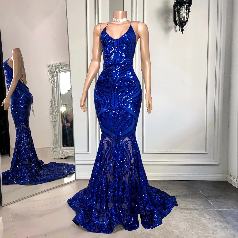 Gorgeous Blue Sequins Lace Sleeveless Floor-length Mermaid Prom Dresses S1882
