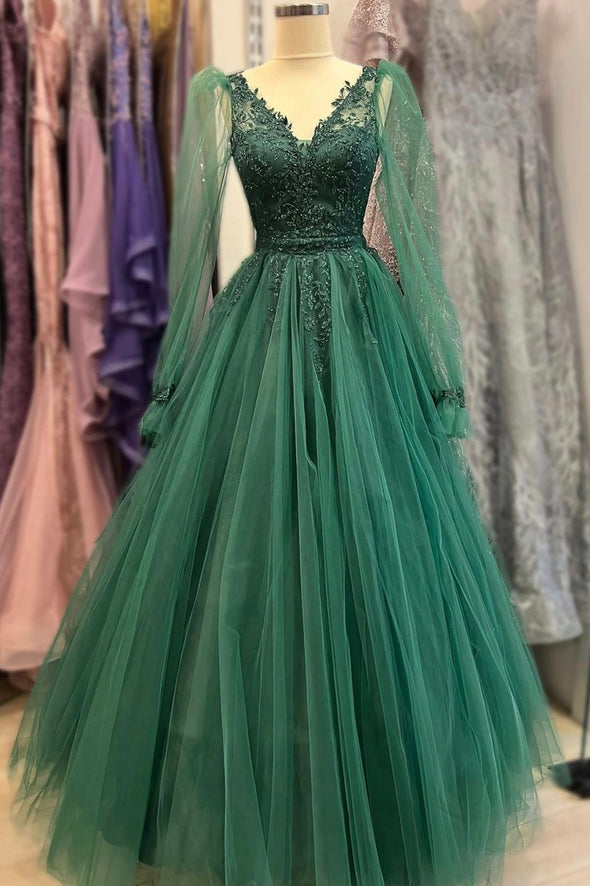 Green tulle beads V Neck long Sleeve prom dress green evening dress S2004