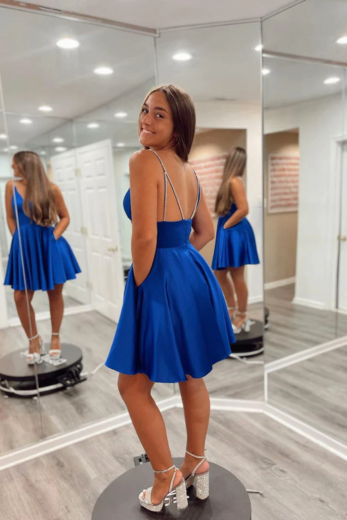 Backless V Neck Royal Blue Prom Dress, Royal Blue Short Homecoming Dress, Royal Blue Formal Evening Dress S1369