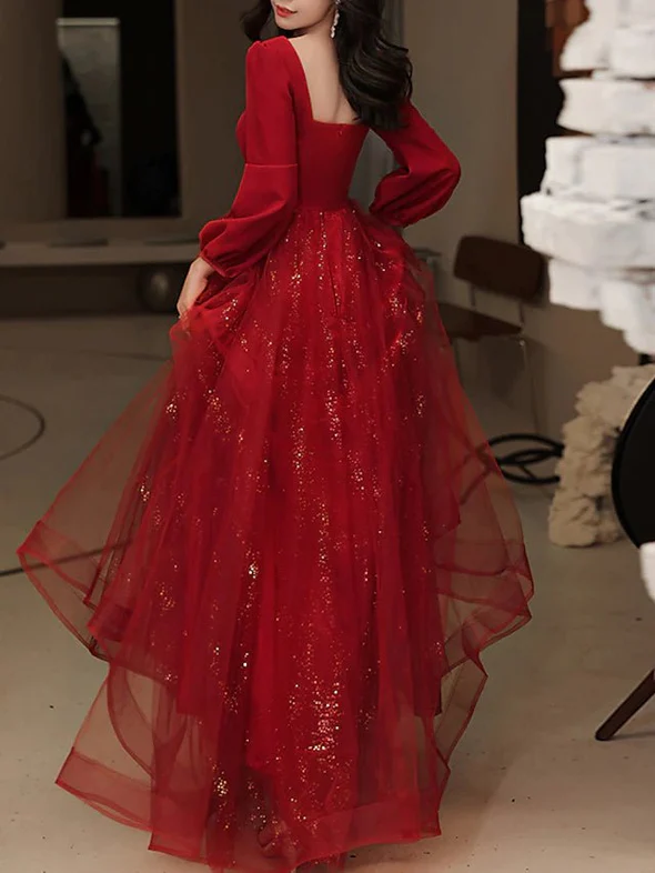 A-Line Evening Dresses Glittering Dress Engagement Floor Length Long Sleeve Scoop Neck Tulle with Sequin S1239