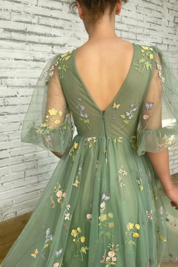 Elegant V Neck Green Tea Length Prom Dresses S1630