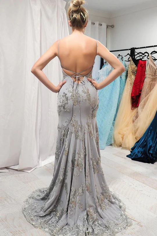 Elegant Mermaid Silver Long Prom Dress with Open Back S1563