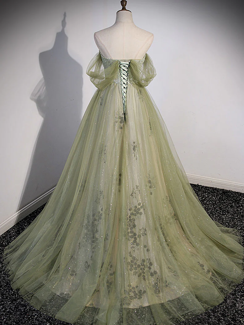 ALINE GREEN TULLE LONG PROM DRESS, GREEN FORMAL EVENING PARTY DRESS S1347