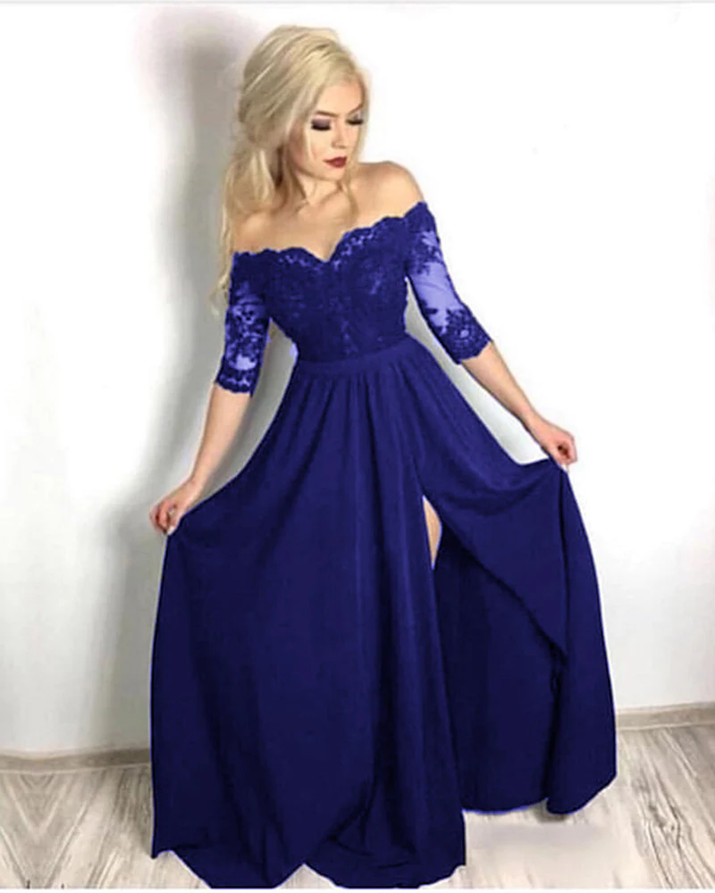 Half Sleeves lace Long Party Formal Prom Dresses for Girls with Slit S2245