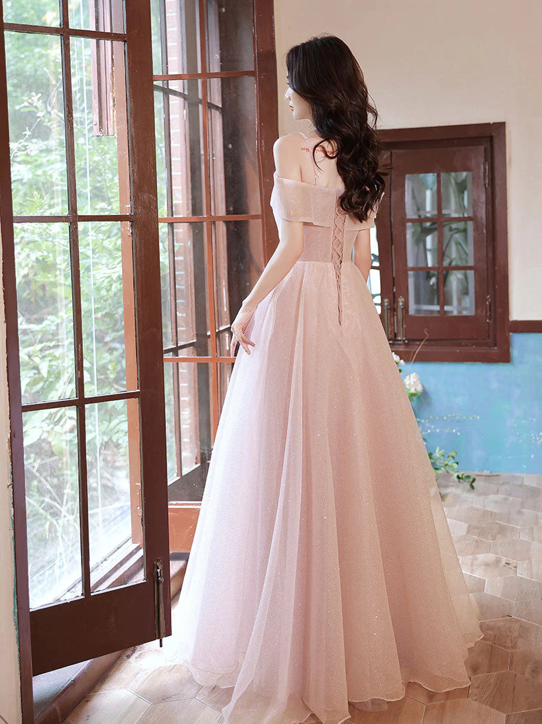 A LINE PINK LONG PROM DRESSES, OFF SHOULDER PINK FORMAL GRADUATION DRESSES S1352