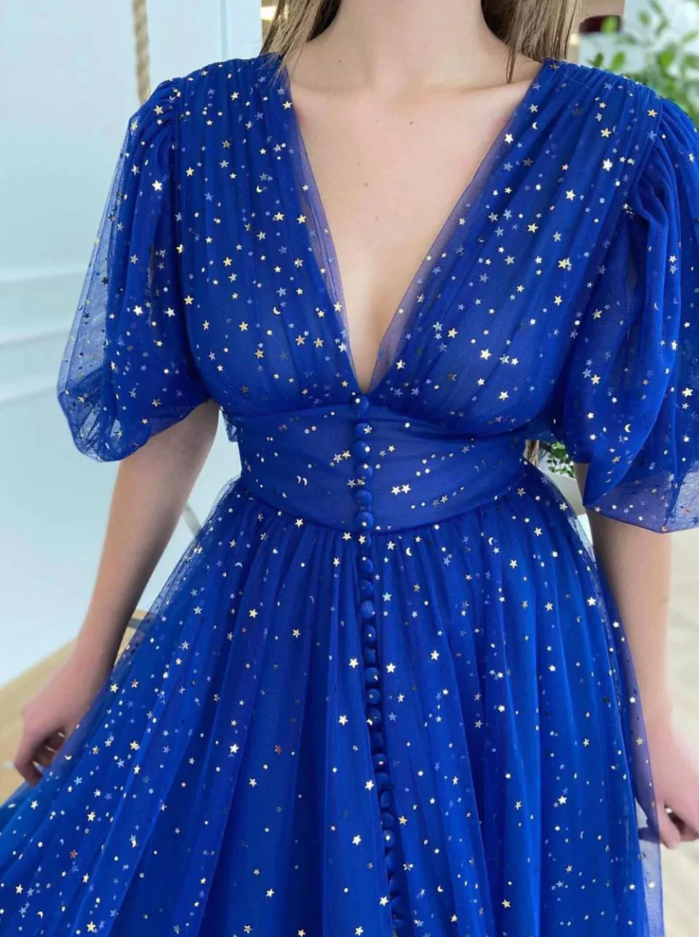 Blue V Neck Tulle Long Prom Dress, Blue Formal Evening Dresses S843