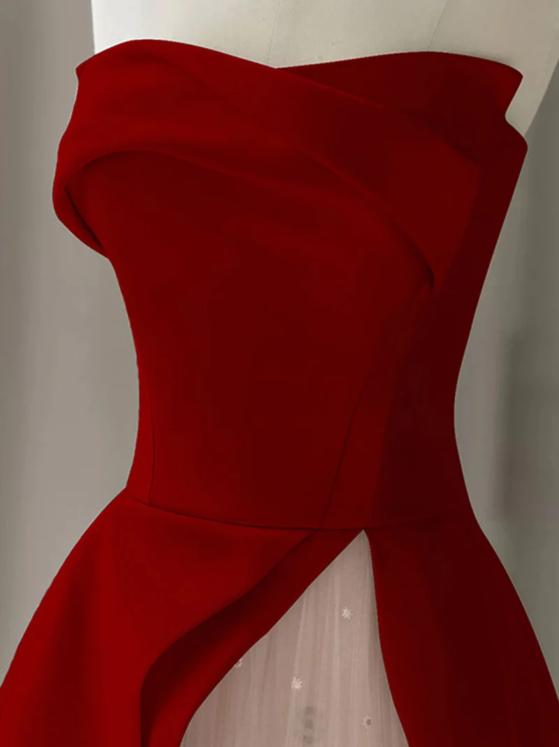 A LINE BURGUNDY SATIN LONG PROM DRESS, BURGUNDY FORMAL DRESS S1346