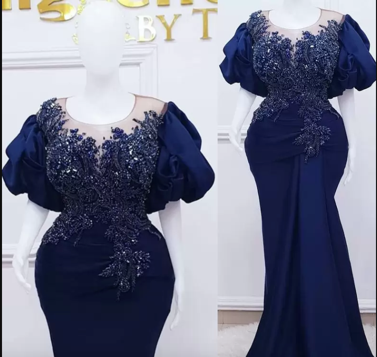 Navy Blue Prom Dresses Long Luxury Puffy Sleeves Sheer Neck Beads Appliques Mermaid Formal Party Gowns Evening Dress Plus Size S2440