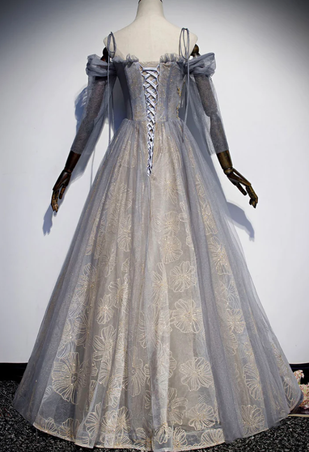 Gray tulle sequins long prom dress A-line evening dress S840