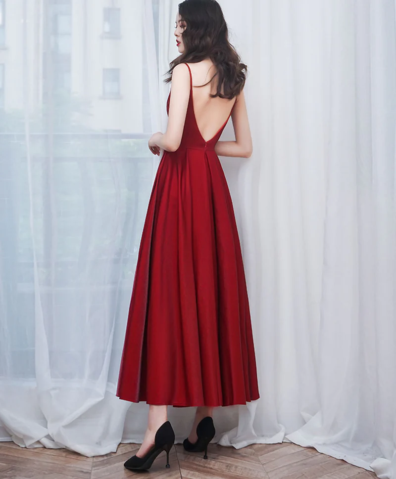 A-LINE SATIN BURGUNDY PROM DRESS, BURGUNDY TEA LENGTH BRIDESMAID DRESS S1358