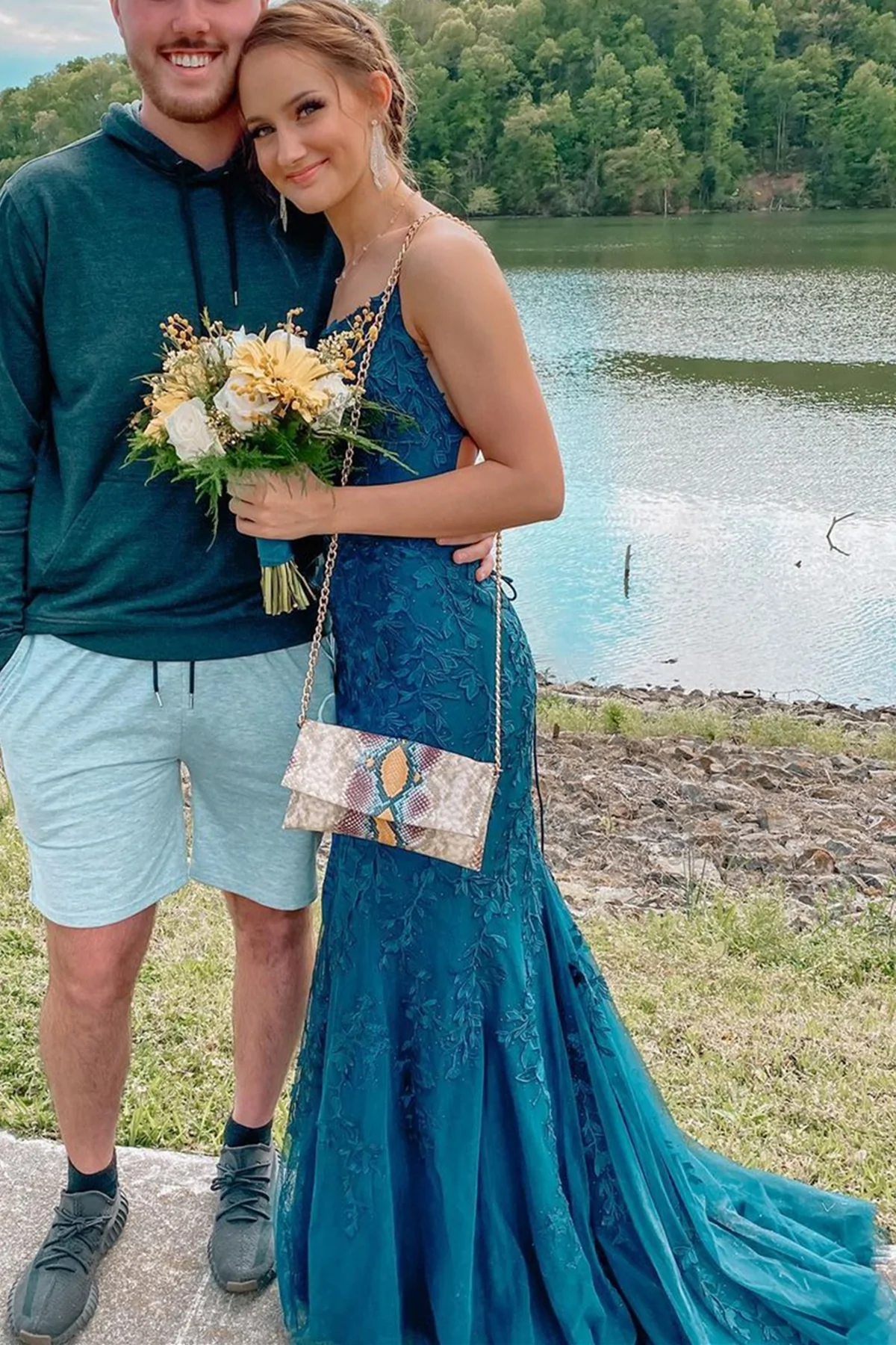 Mermaid Backless Blue Tulle Lace Long Prom Dresses, Blue Lace Formal Dresses, Mermaid Blue Evening Dresses S2428