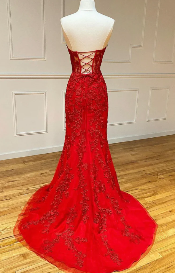 Burgundy lace long prom dress mermaid evening dress S836
