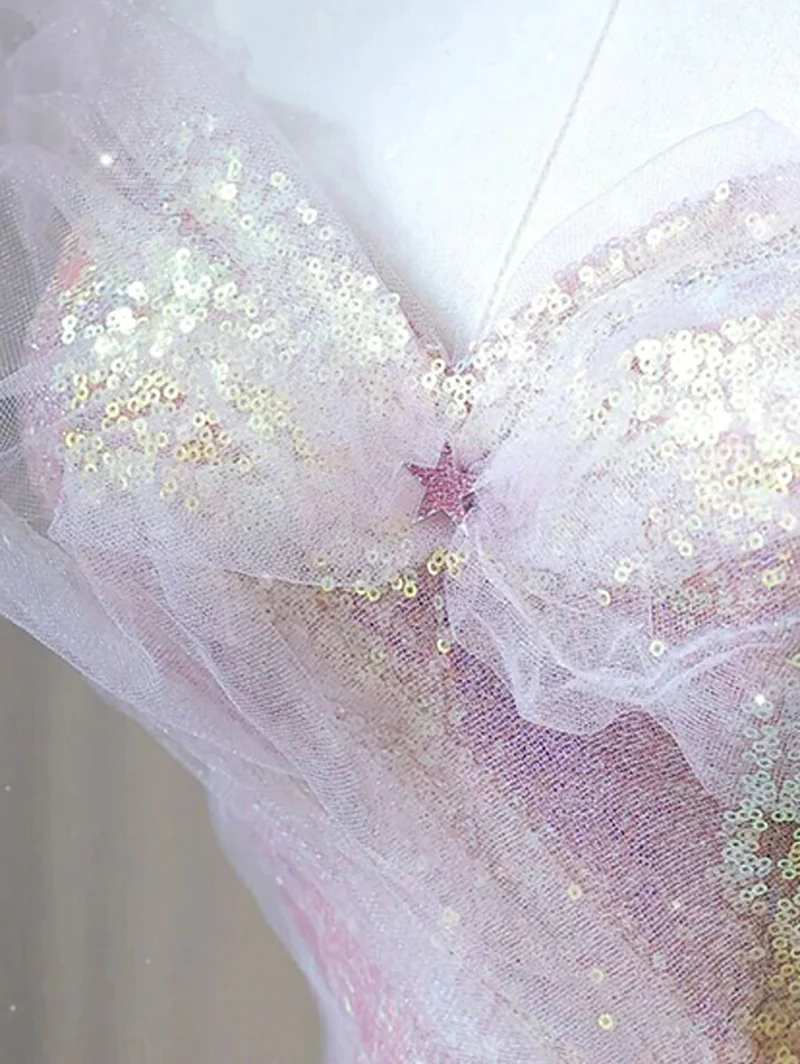 PINK A-LINE TULLE SEQUIN LONG PROM DRESSES, PINK FORMAL GRADUATION DRESS S1364