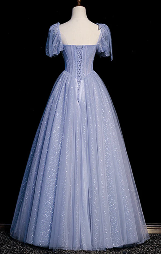 Blue tulle beaded long ball gown A-line formal gown S838