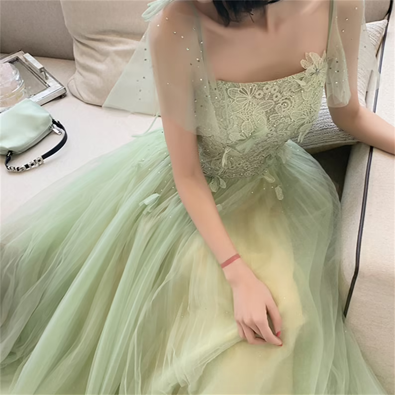 Green prom dress long Lace floral top prom dress S1897