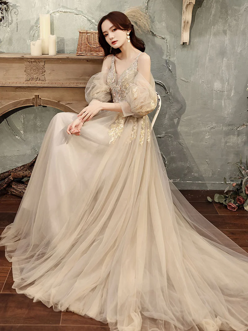 CHAMPAGNE A LINE TULLE LACE LONG PROM DRESS, LACE FORMAL GRADUATION DRESS S1349