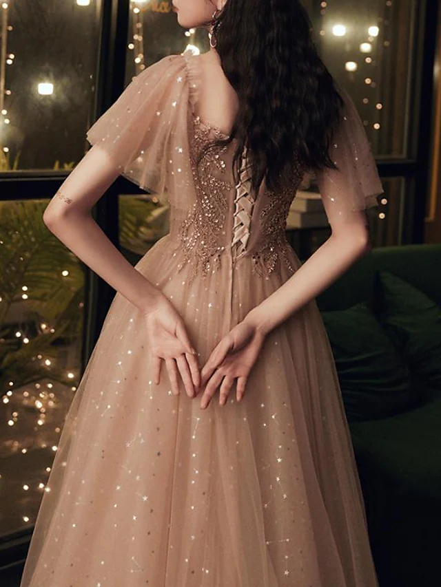 A-Line Glittering Elegant Wedding Guest Formal Evening Dress Scoop Neck Short Sleeve Floor Length Tulle with Pleats Sequin S1234