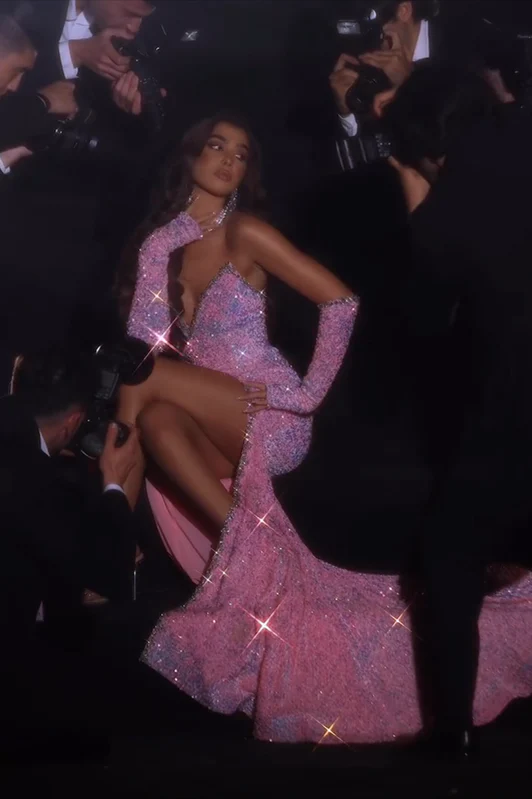 Classy Pink Sleeveless Split Mermaid Evening Dresses With Glitter S2101