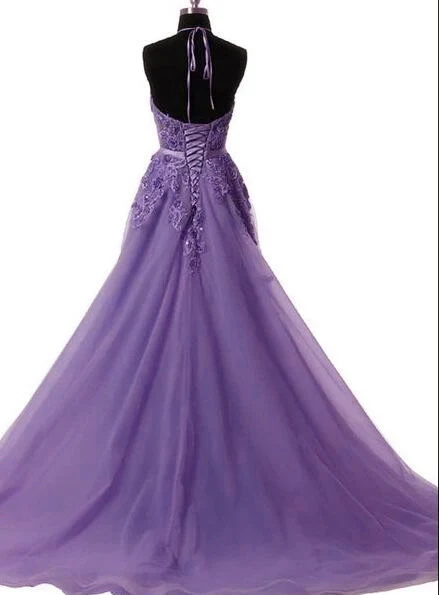 Light PurpleHalter Neck Lace Prom Dress With Sweep Train, Backless Evening Gowns S1967