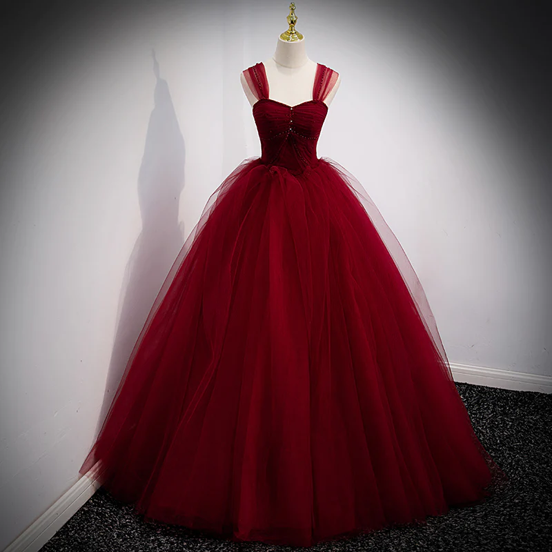 Gorgeous Wine Red Ball Gown Beaded Sweetheart Long Formal Dress, Dark Red Sweet 16 Dresses S2126