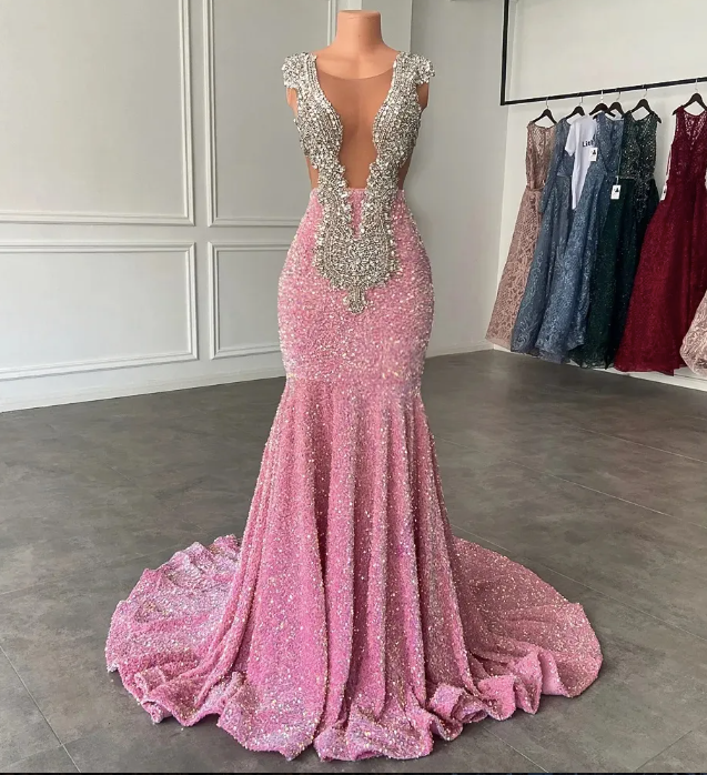 Luxury Long Prom Dresses 2023 Mermaid Sparkly Pink Sequin Black Girls Crystals Evening Formal Gala Party Gowns Robe De Soiree S2458